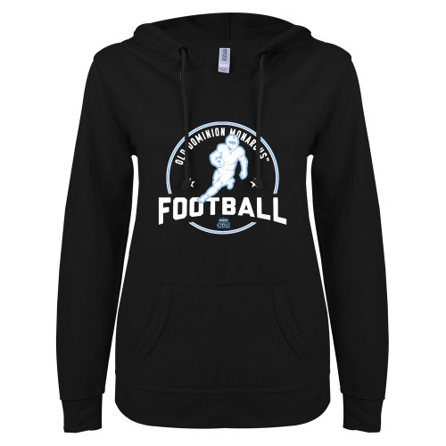  ENZA Womens Black V Notch Raw Edge Fleece Hoodie - ODU Monarchs Football with Player Design