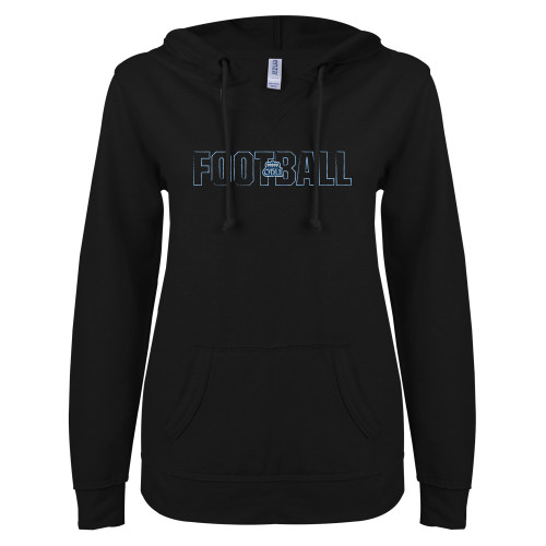  ENZA Womens Black V Notch Raw Edge Fleece Hoodie - ODU Football Text Design