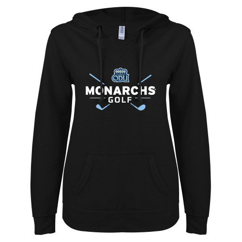 ENZA Womens Black V Notch Raw Edge Fleece Hoodie - ODU Monarchs Golf Design