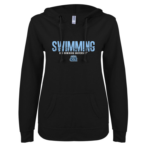  ENZA Womens Black V Notch Raw Edge Fleece Hoodie - ODU Swimming Design