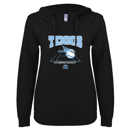  ENZA Womens Black V Notch Raw Edge Fleece Hoodie - ODU Tennis Design