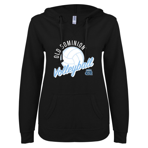  ENZA Womens Black V Notch Raw Edge Fleece Hoodie - ODU Volleyball Design