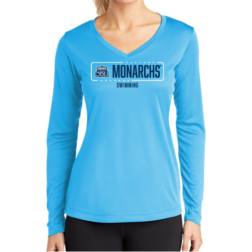  Womens Light Blue Performance Long Sleeve V Neck Shirt - ODU Monarchs Swimming