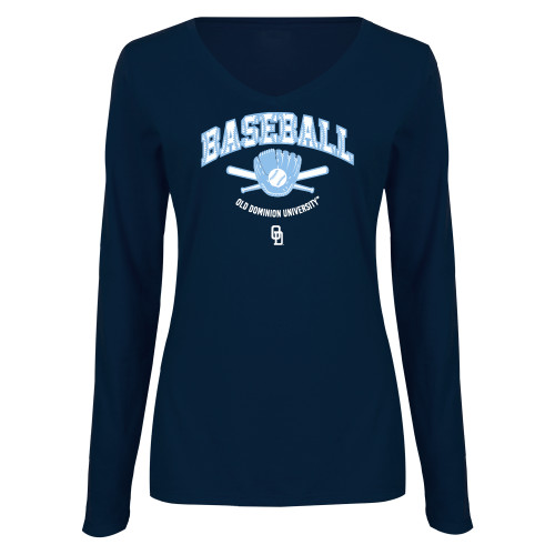  Womens Navy Long Sleeve V Neck Tee  - ODU Baseball with Glove Design