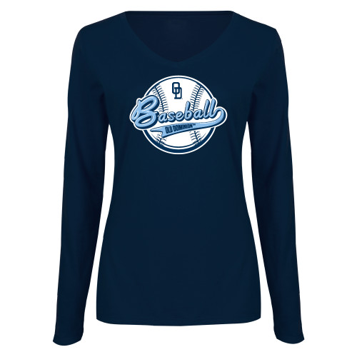  Womens Navy Long Sleeve V Neck Tee  - ODU Baseball Design