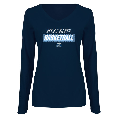  Womens Navy Long Sleeve V Neck Tee  - ODU Basketball Netting Pattern Design