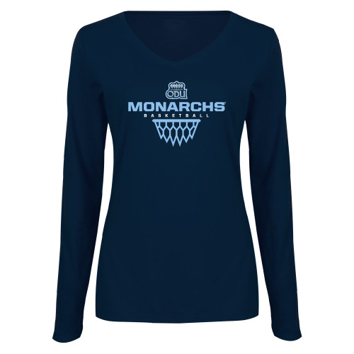  Womens Navy Long Sleeve V Neck Tee  - ODU Monarchs Basketball Design