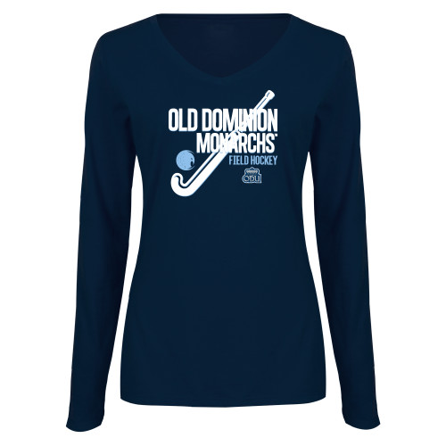  Womens Navy Long Sleeve V Neck Tee  - ODU Monarchs Field Hockey Design