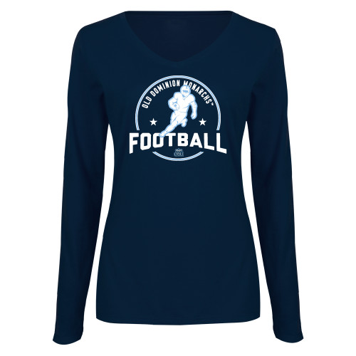  Womens Navy Long Sleeve V Neck Tee  - ODU Monarchs Football with Player Design