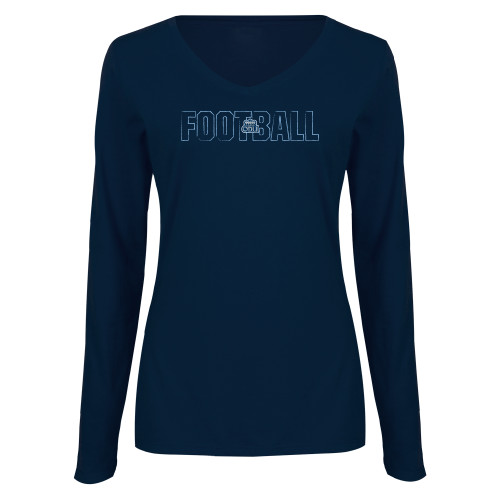  Womens Navy Long Sleeve V Neck Tee  - ODU Football Text Design