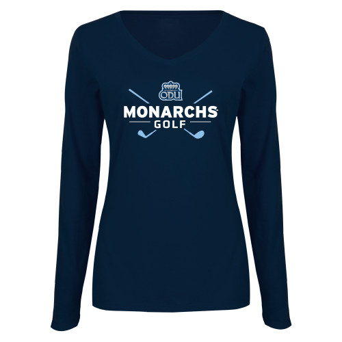  Womens Navy Long Sleeve V Neck Tee  - ODU Monarchs Golf Design
