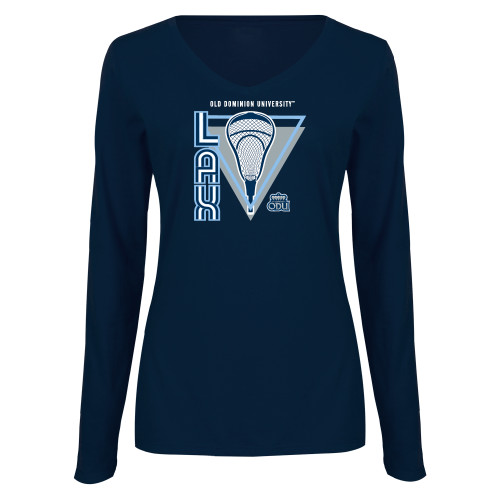  Womens Navy Long Sleeve V Neck Tee  - ODU Lacrosse Design