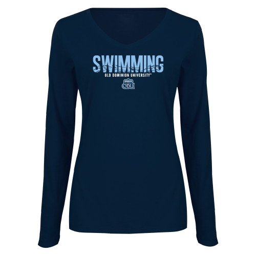  Womens Navy Long Sleeve V Neck Tee  - ODU Swimming Design