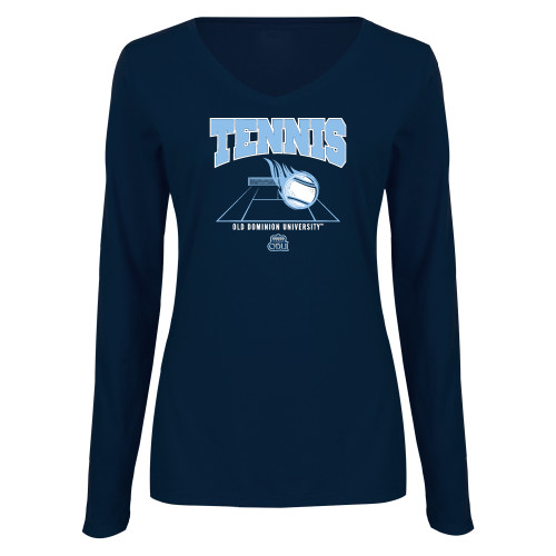  Womens Navy Long Sleeve V Neck Tee  - ODU Tennis Design
