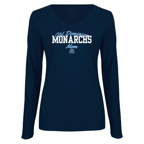  Womens Navy Long Sleeve V Neck Tee  - Old Dominon Script Arched Monarchs Mom