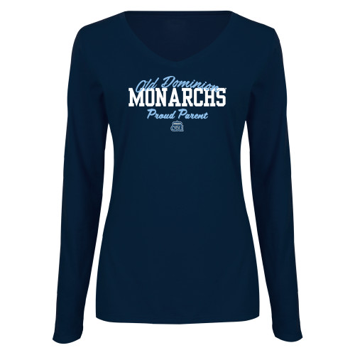  Womens Navy Long Sleeve V Neck Tee  - Old Dominon Script Arched Monarchs Proud Parent