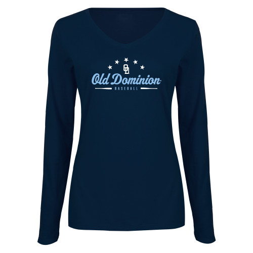  Womens Navy Long Sleeve V Neck Tee  - ODU Baseball with Stars Design