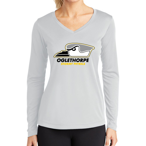  Womens White Performance Long Sleeve V Neck Shirt - Primary Athletics Logo