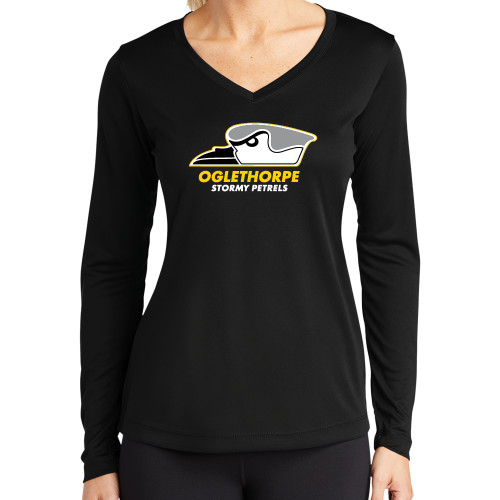  Womens Black Performance Long Sleeve V Neck Shirt - Primary Athletics Logo