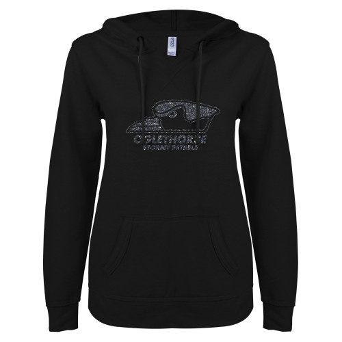  ENZA Womens Black V Notch Raw Edge Fleece Hoodie - F Graphite Soft Glitter