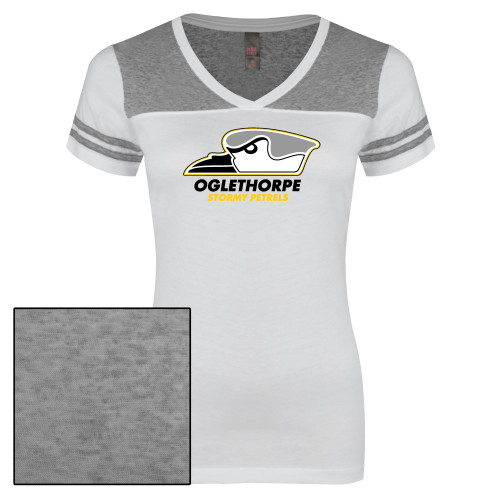  Womens White/Heather Grey Varsity V Neck Tee  - Primary Athletics Logo