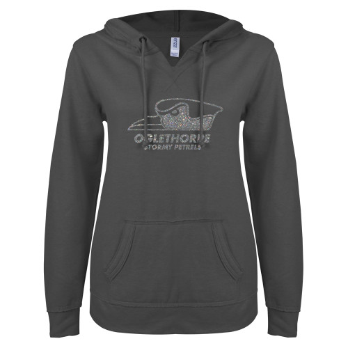  ENZA Womens Dark Heather V Notch Raw Edge Fleece Hoodie - A Silver Soft Glitter