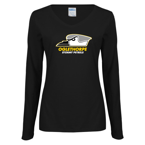  Womens Black Long Sleeve V Neck Tee  - Primary Athletics Logo