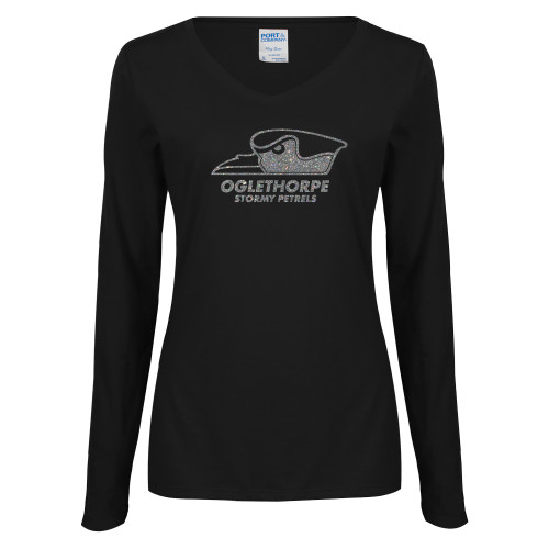  Womens Black Long Sleeve V Neck Tee  - A Silver Soft Glitter