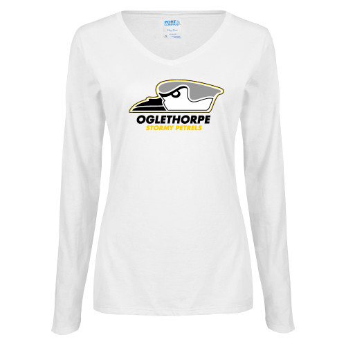  Womens White Long Sleeve V Neck Tee - Primary Athletics Logo