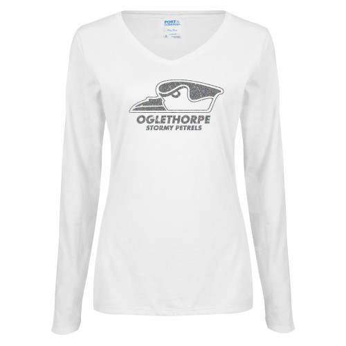  Womens White Long Sleeve V Neck Tee - A Silver Soft Glitter