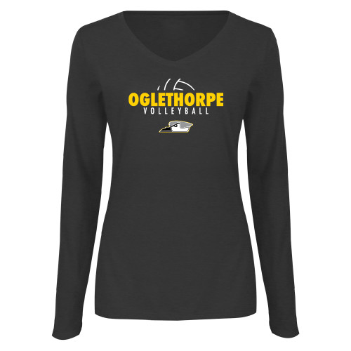  Womens Dark Heather Long Sleeve V Neck Tee  - Abstract Volleyball