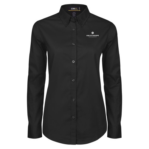  Womens Black Twill Button Down Long Sleeve  - Primary University Logo