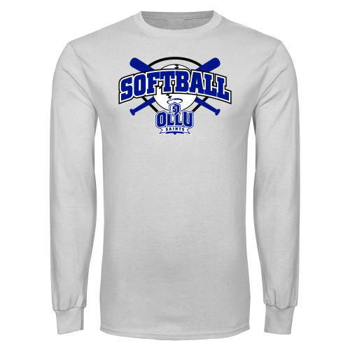  White Long Sleeve T Shirt - Softball Crossed Bats Design