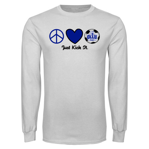  White Long Sleeve T Shirt - Just Kick It Soccer Design