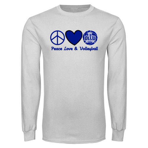  White Long Sleeve T Shirt - Peace Love and Volleyball Design