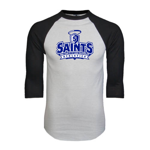  White/Black Raglan Baseball T Shirt - Our Lady of the Lake University Athletics - Offical Logo Distressed
