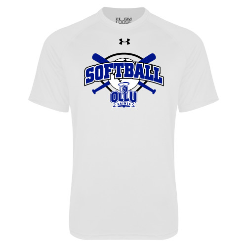  Under Armour White Tech Tee - Softball Crossed Bats Design