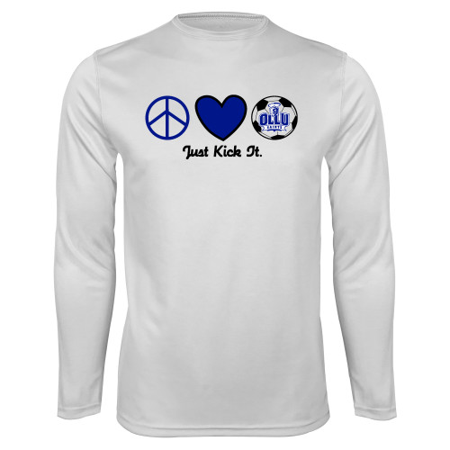  White Performance Long Sleeve Shirt - Just Kick It Soccer Design