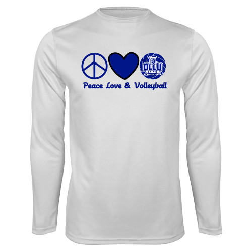  White Performance Long Sleeve Shirt - Peace Love and Volleyball Design