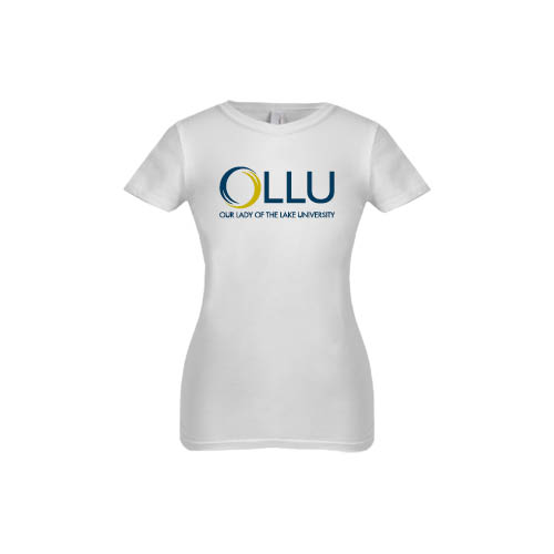  Next Level Girls White Fashion Fit T Shirt - OLLU Our Lady of the Lake University Stacked