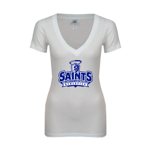  Next Level Womens White Ideal V Tee - Our Lady of the Lake University Athletics - Offical Logo