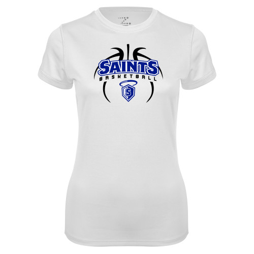 Our Lady of the Lake Womens White Performance Tee - Basketball in Ball