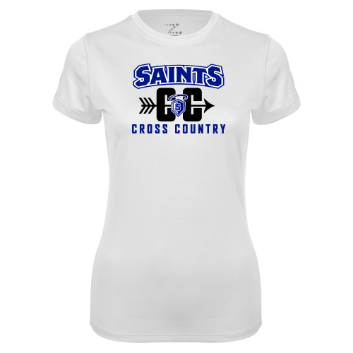 Our Lady of the Lake Womens White Performance Tee - Cross Country Design