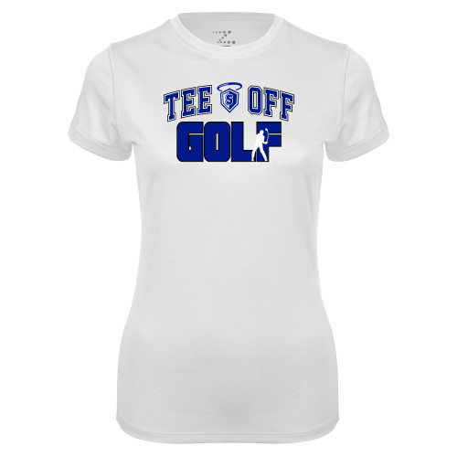 Our Lady of the Lake Womens White Performance Tee - Tee Off Golf Design
