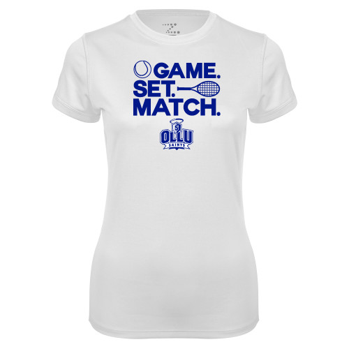 Our Lady of the Lake Womens White Performance Tee - Game. Set. Match. Tennis Design