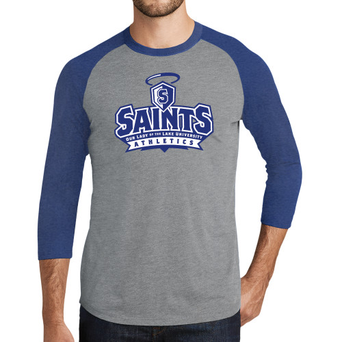  Grey/Royal Heather Triblend Baseball Raglan Tee - Our Lady of the Lake University Athletics - Offical Logo