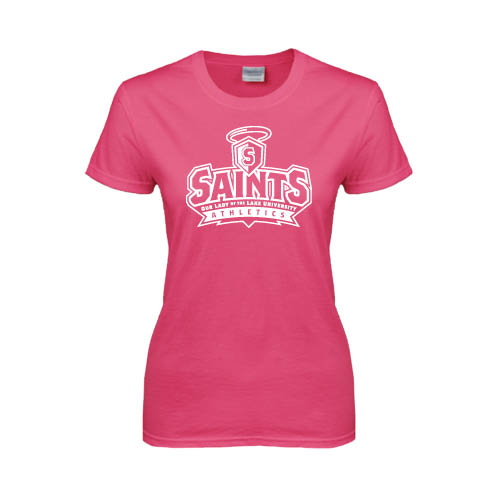  Womens Hot Pink Short Sleeve Tee - Our Lady of the Lake University Athletics - Offical Logo