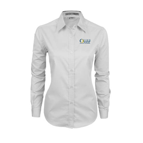  Womens White Twill Button Down Long Sleeve - OLLU Our Lady of the Lake University Stacked