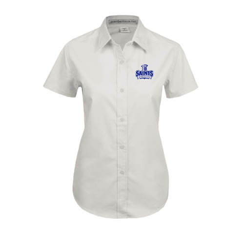  Womens White Twill Button Up Short Sleeve - Our Lady of the Lake University Athletics - Offical Logo