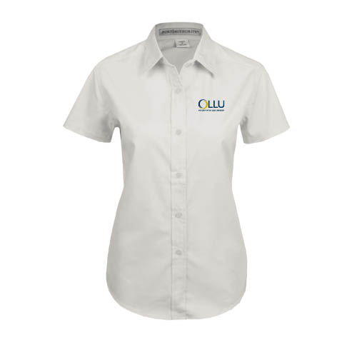 Womens White Twill Button Up Short Sleeve - OLLU Our Lady of the Lake University Stacked